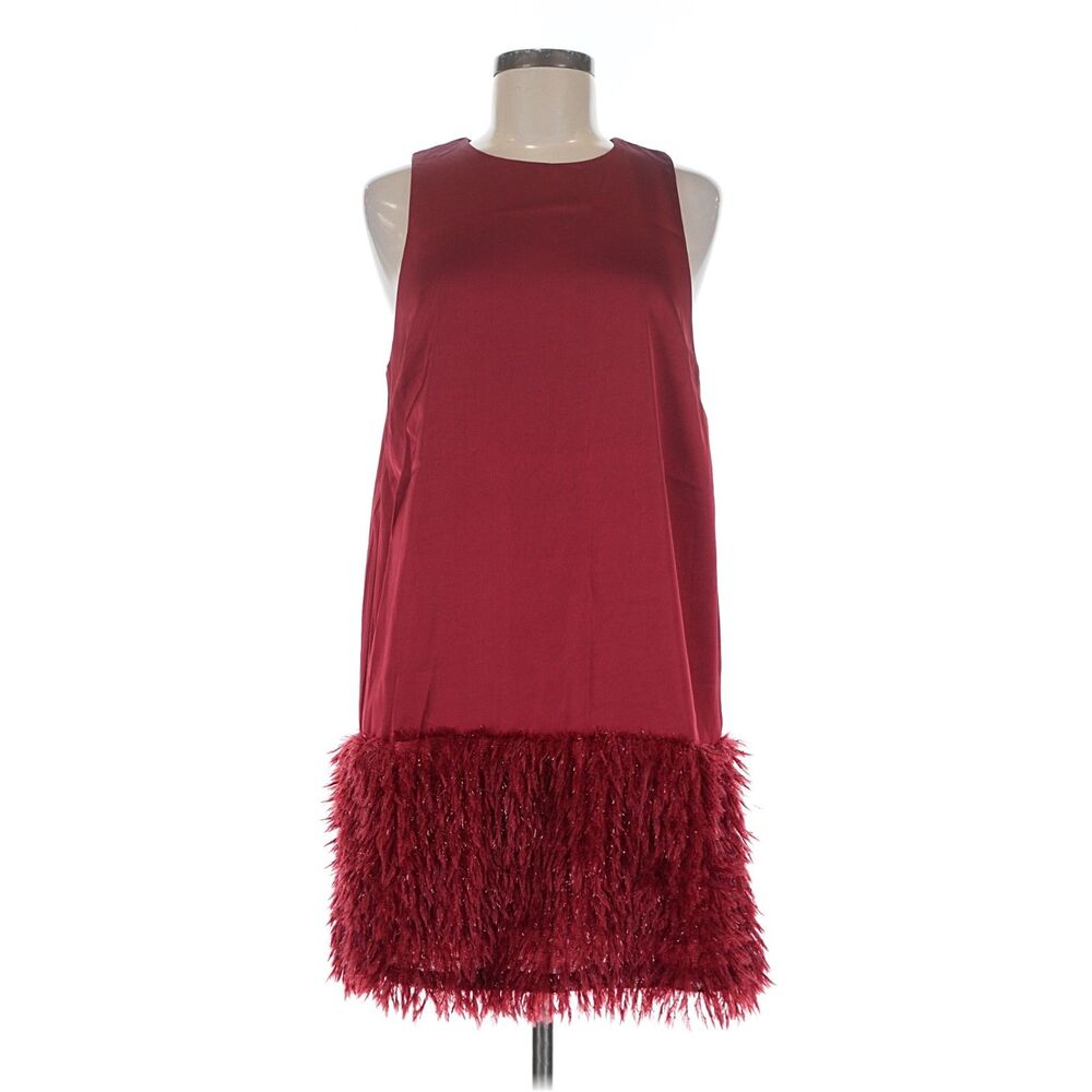 Entro Burgundy Sleeveless Shift Dress Feather Hem Cocktail Size M